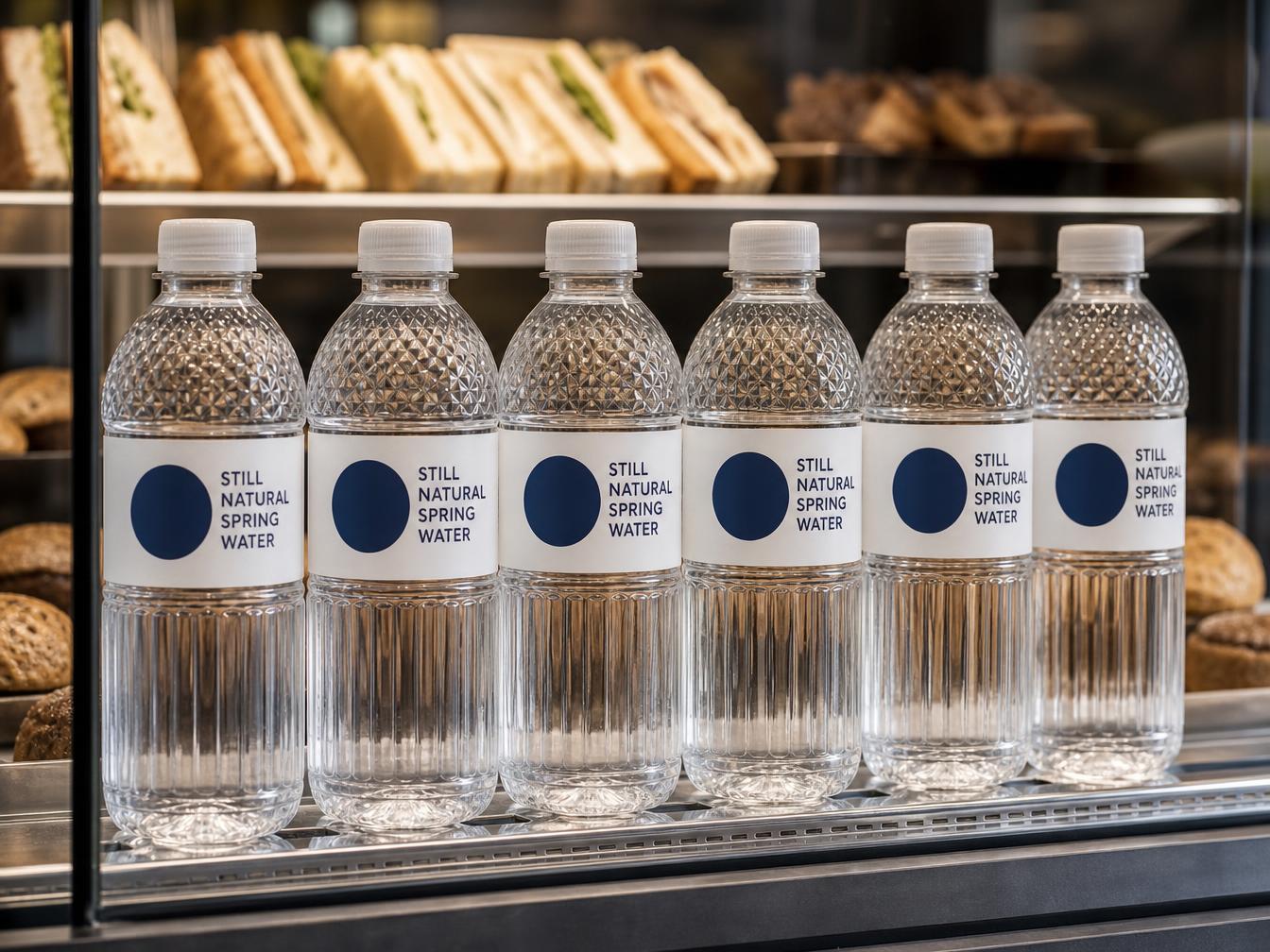 Win Win Water bottles lined up in a GAIL's café chiller beside pastries and sandwiches