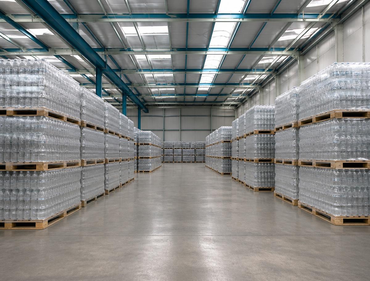 Distribution warehouse aisle with pallets of plain bottled water