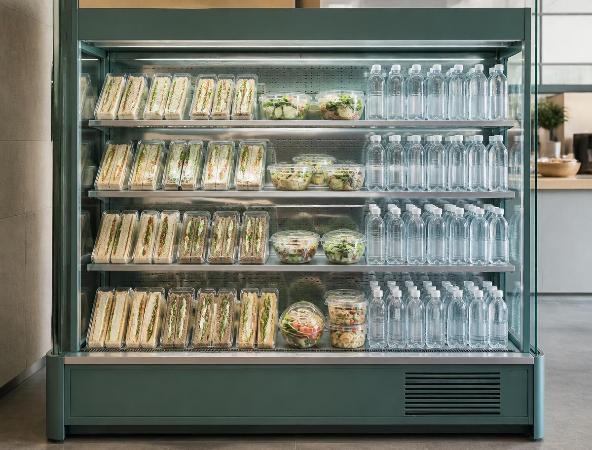 Grab-and-go chiller with sandwiches and plain clear water bottles