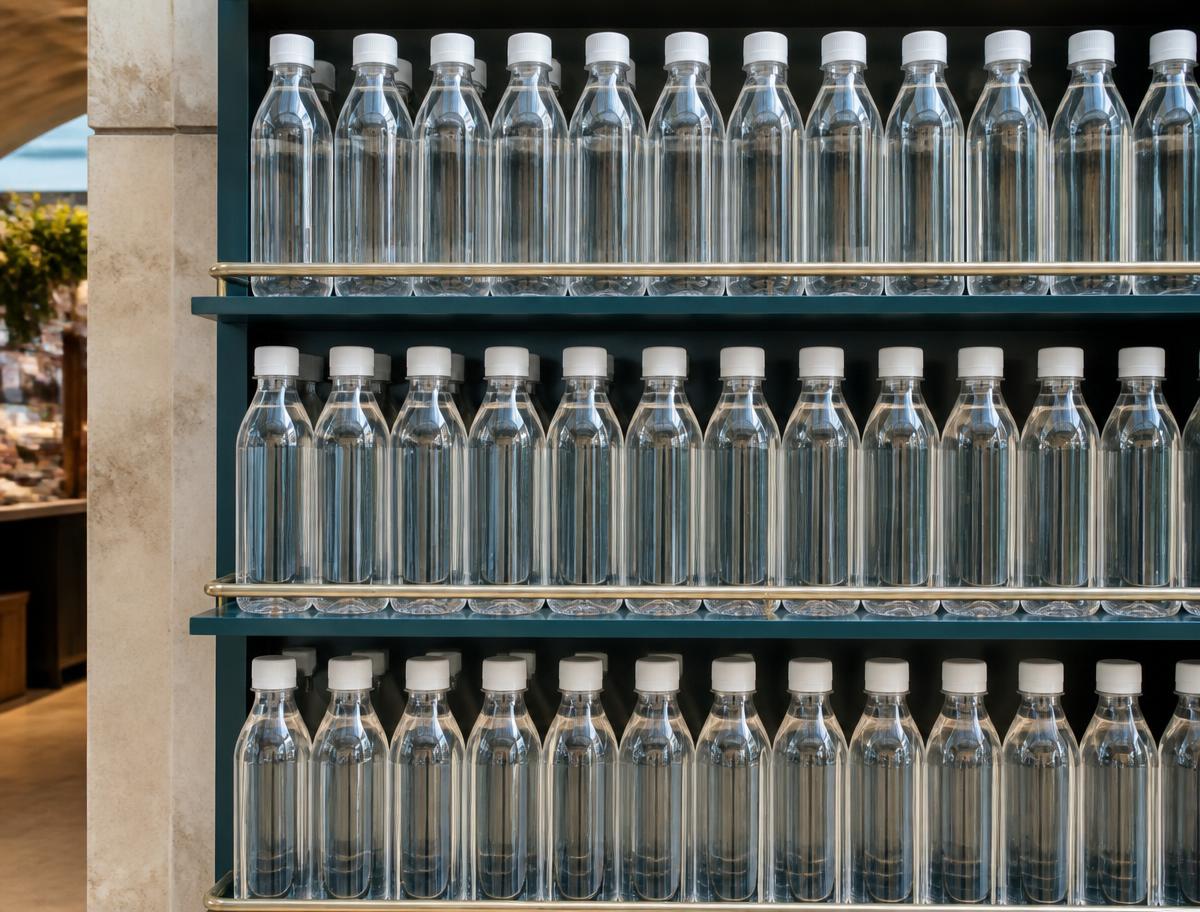 Retail shelf with neat rows of plain clear water bottles