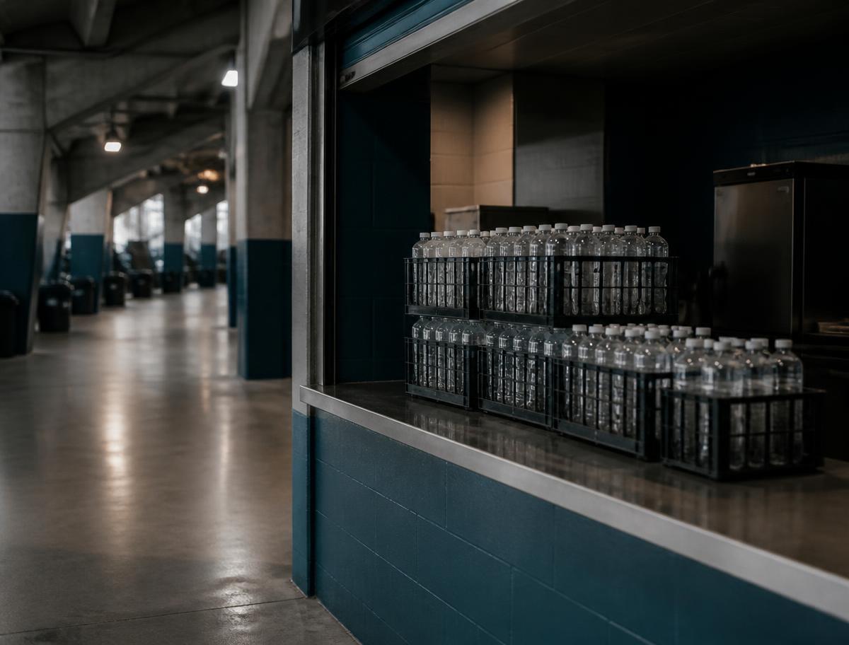 Stadium concourse kiosk stocked with crates of plain water bottles