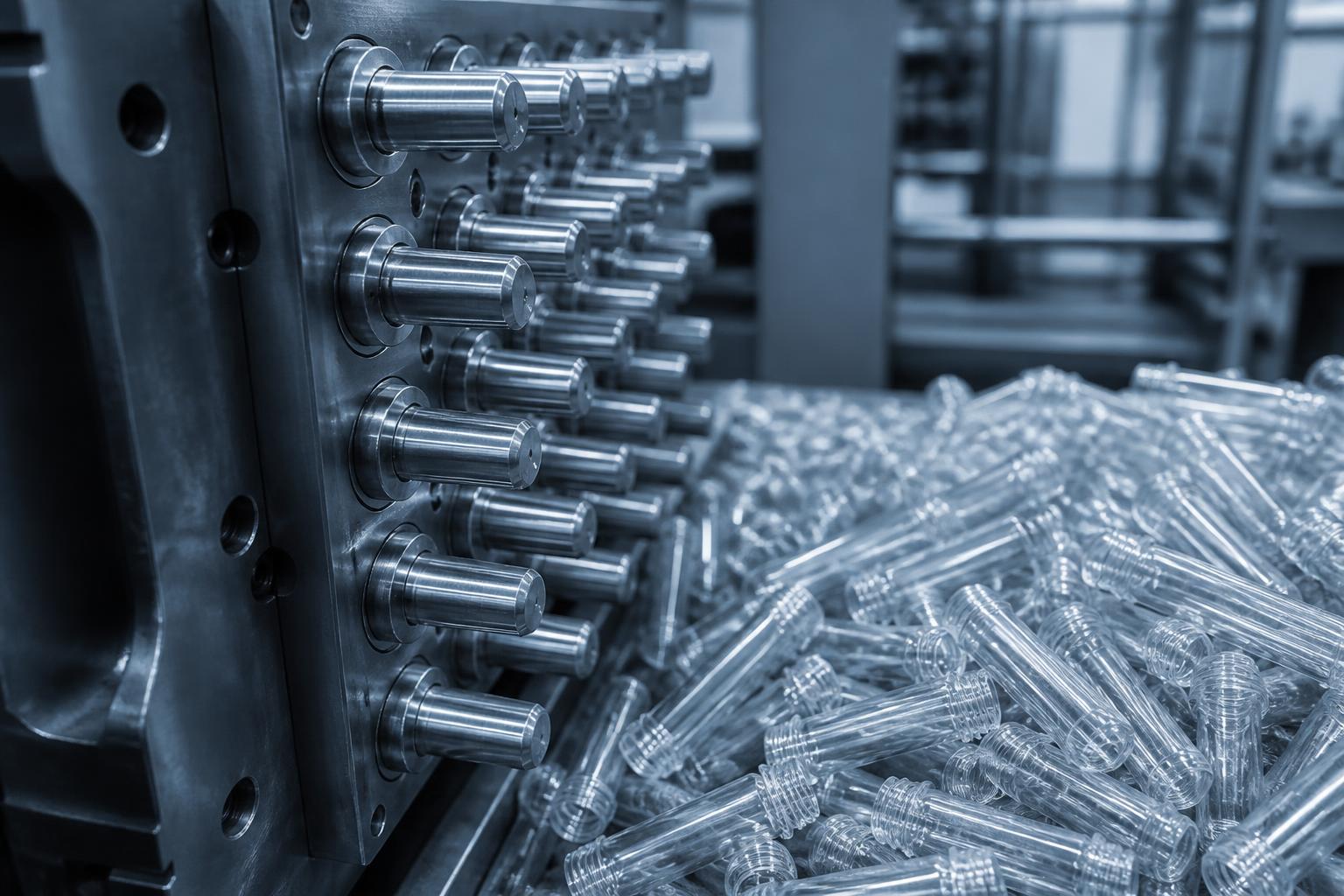 Rows of clear bottle preforms on a stainless steel surface