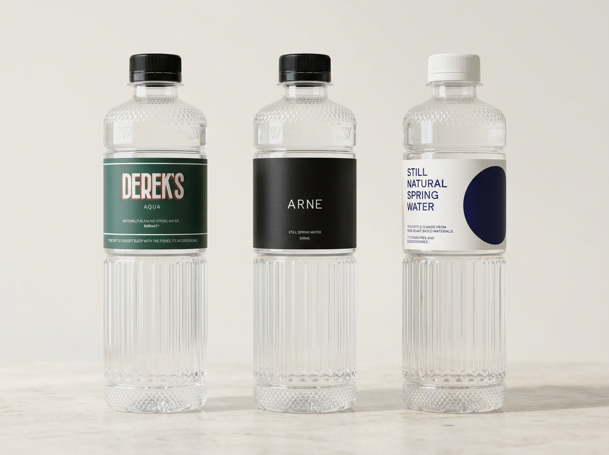 Three white label spring water bottles in customer branding side by side